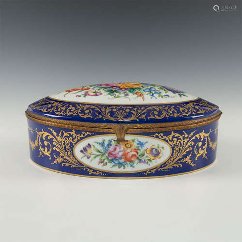 FRENCH HAND PAINTED PORCELAIN & GILT METAL MOUNTED OVAL BOX