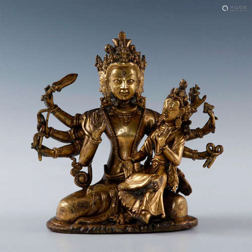 18TH CENTURY NEPALESE GILT BRONZE FIGURE OF INDIAN GODDESS DURGA