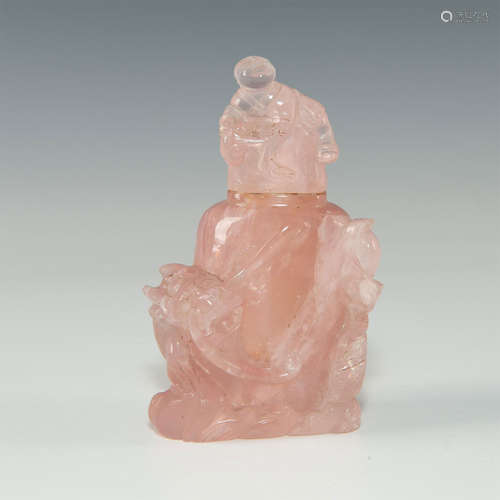 CHINESE CARVED ROSE QUARTZ LIDDED VASE, MONK AND DRAGON