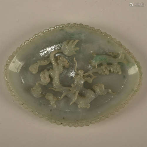 CHINESE SCALLOPED JADE DISH WITH RAISED DRAGON