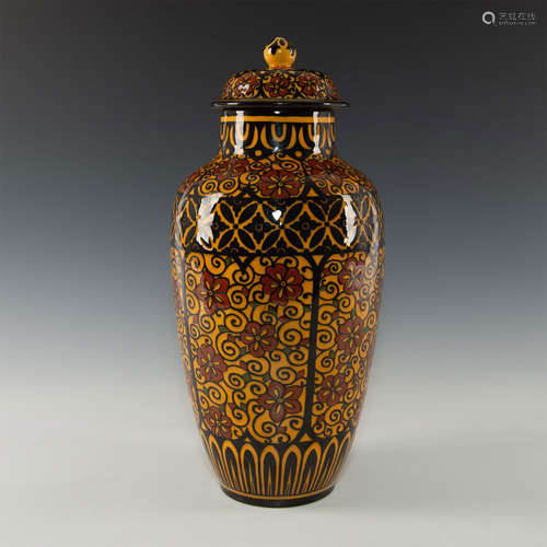 SEVRES ART DECO SIGNED GINGER JAR WITH ORANGE/MUSTARD/BLACK DECORATION