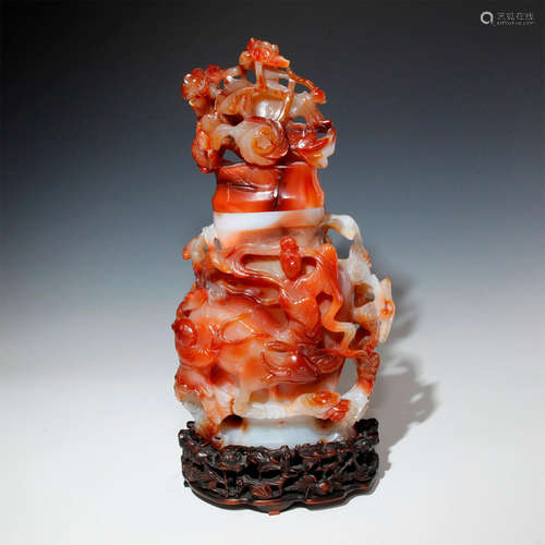 CHINESE CARNELIAN AGATE CARVED VASE AND WOOD BASE