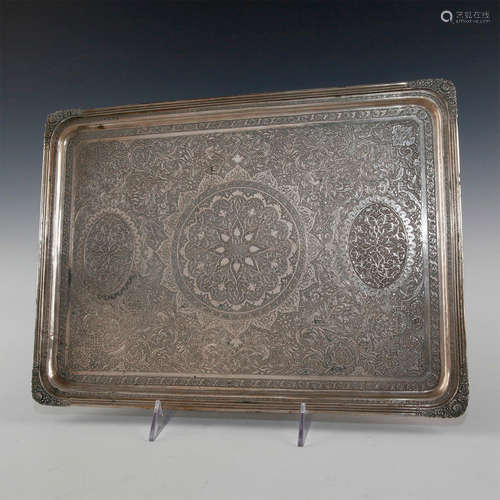 PERSIAN INTAGLIO SILVER PLATTER WITH SCROLLED EDGES