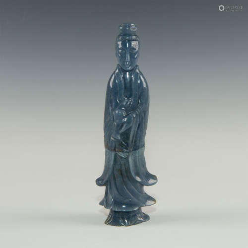 CARVED BLUE JADE GUANYIN FIGURAL STUDY