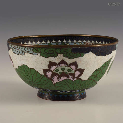 CHINESE CLOISONNE BOWL DECORATION BUDDHIST DOGS & LOTUS LEAVES