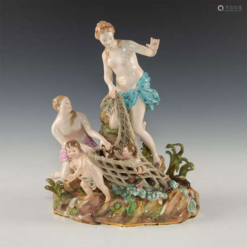 MEISSEN PORCELAIN FIGURATIVE ALLEGORICAL SCULPTURE, CAPTURING OF INFANT LIKE TRITON WITH MAIDENS