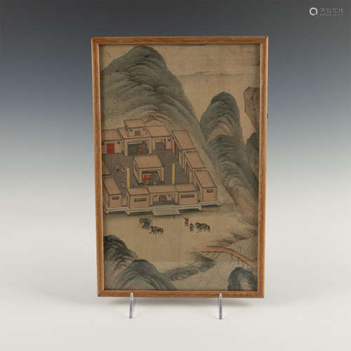 PAINTED SILK MONGOLIAN TAPESTRY, SCENE FROM A CASTLE