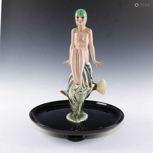 LENCI ART DECO FIGURAL DISH SIRENETTA E CATTIVO PESCE