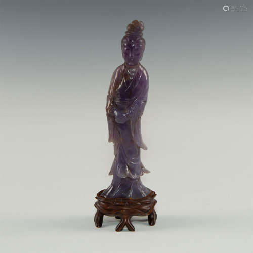 LAVENDER JADE CARVED GUANYIN FIGURAL STUDY ON WOOD BASE