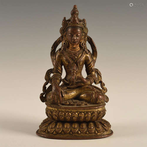 CHINO-TIBETAN GILDED BRONZE CROWNED BUDDHA