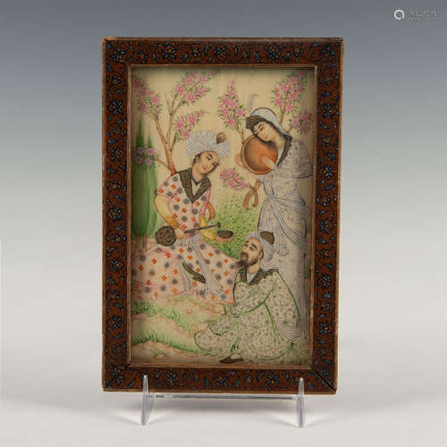 FRAMED PERSIAN PAINTING WITH GILT, RAISED BACK