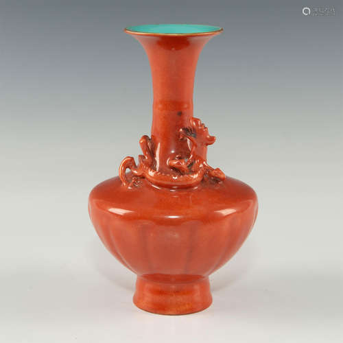 CHINESE CORAL GLAZED VASE WITH DRAGON