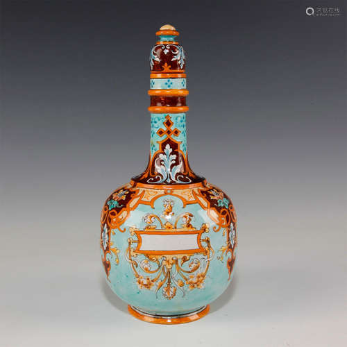 FRENCH FAIENCE BOTTLE AND LID BY ULYSSE BLOIS