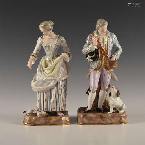 PAIR OF MEISSEN PORCELAIN BEAUTIFULLY DECORATED FIGURES - GENTLEMAN & DOG, MAIDEN & DOVES