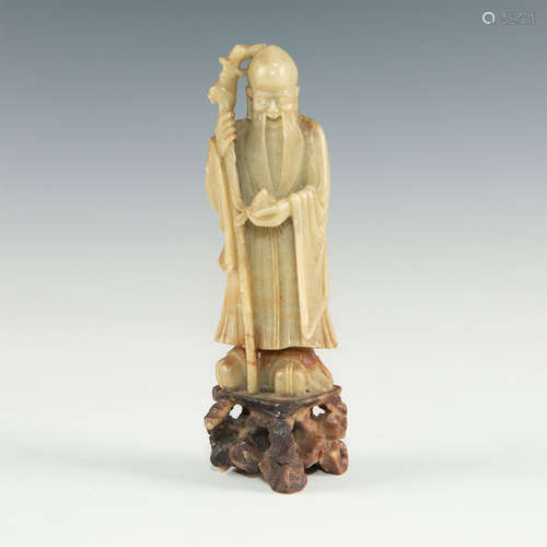 CHINESE CARVED SOAPSTONE FIGURAL SHOU GOD OF LONGEVITY