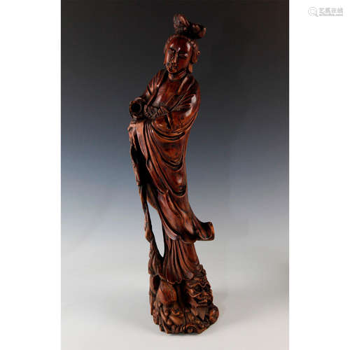 HAND CARVED WOODEN FIGURE OF GUAN YIN