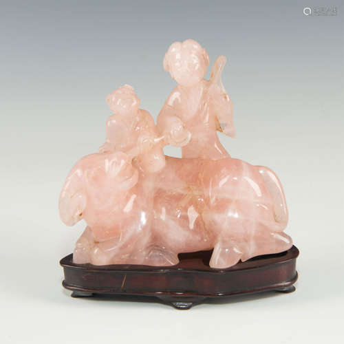 CHINESE CARVED ROSE QUARTZ FARMERS AND OX, WOODEN BASE