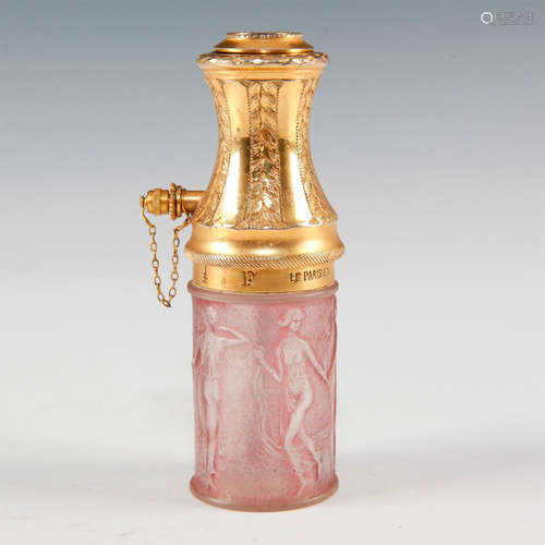 VINTAGE GOLD TONE PINK GLASS LALIQUE PERFUME BOTTLE