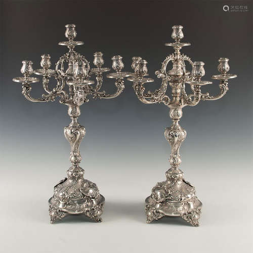 RARE 6 LIGHT 800 SILVER GERMAN ROCOCO REVIVAL CANDELABRA PAIR