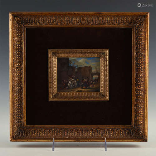 GILT FRAMED MINIATURE OIL VILLAGE SCENE OF CHARITABLE MONKS