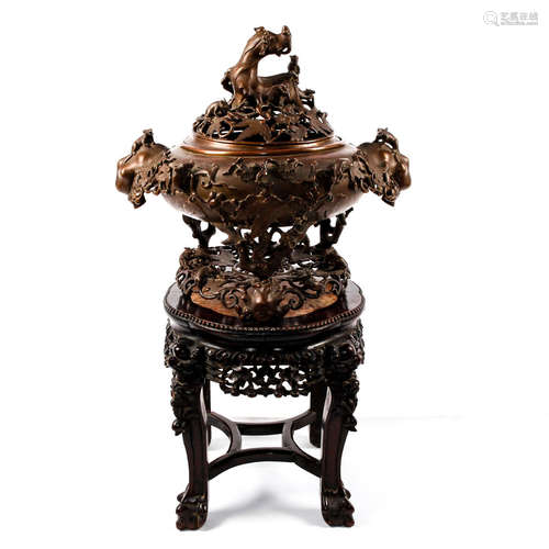 MONUMENTAL CHINESE BRONZE LARGE INCENSE BURNER, COVER, BASE, TABLE