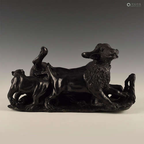 CARVED BLACK BASALT HUNTING SCULPTURE, BUFFALO AND LIONS