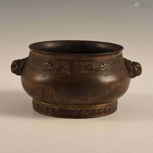 CHINESE ARCHAIC GILT BRONZE SMALL FOOTED CENSER WITH DRAGON HANDLES