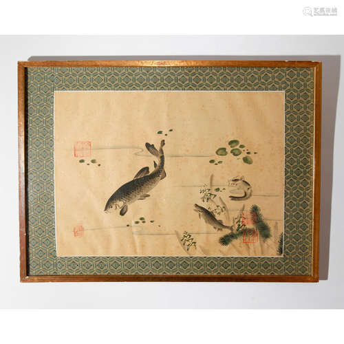 SEALED CHINESE WATERCOLOR ON SILK, CARP AND CATFISH