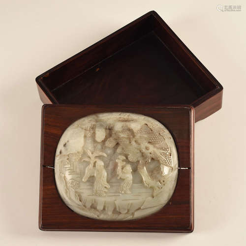 CHINESE WOODEN DECORATIVE BOX, CARVED WHITE JADE PLAQUE