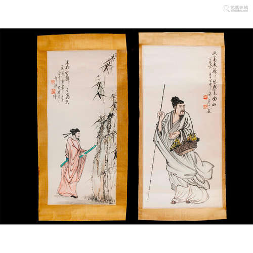 GROUP OF TWO CHINESE PRINT SCROLLS, SIGNED AND MARKED