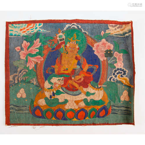 TIBETAN THANGKA OF DEITY WITH CREATURES AND FLOWERS