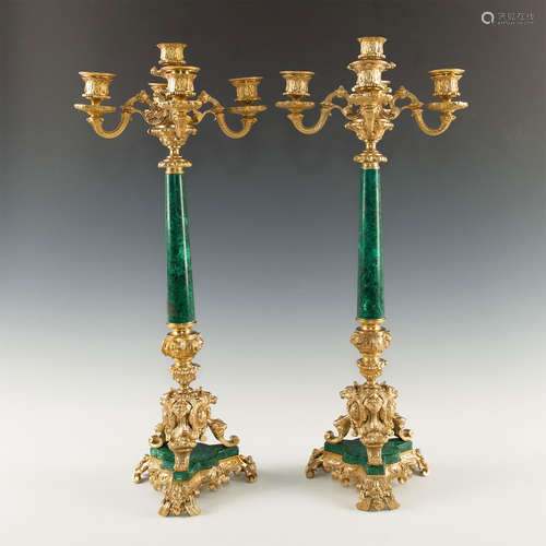 PAIR OF FRENCH STYLE NEOCLASSICAL GILT BRONZE AND MALACHITE 5 LITE CANDELABRA