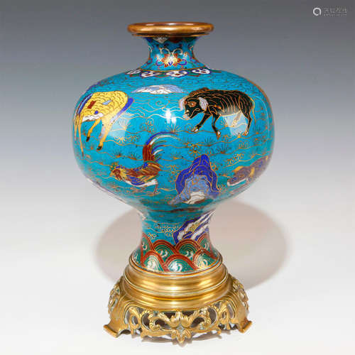 RARE CHINESE MING SOLID COPPER, GILT ENAMEL ZODIAC VASE