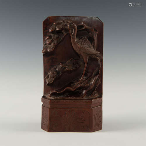 WOOD CARVED BOOK END WITH HERON