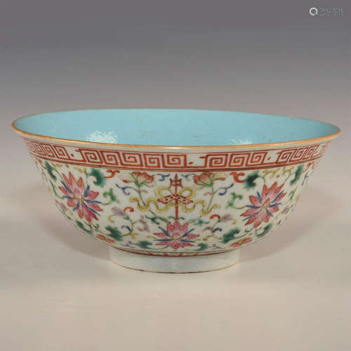 CHINESE ROUND FOOTED BOWL ALL OVER EXTERIOR DECORATION TURQUOISE INTERIOR