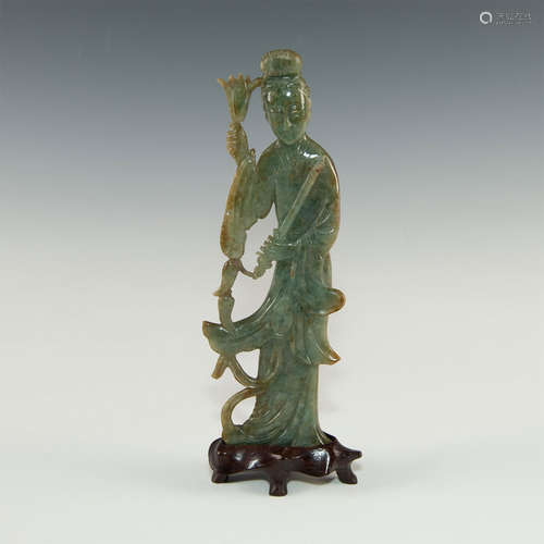 CARVED JADEITE GUANYIN FIGURAL STUDY ON WOOD STAND