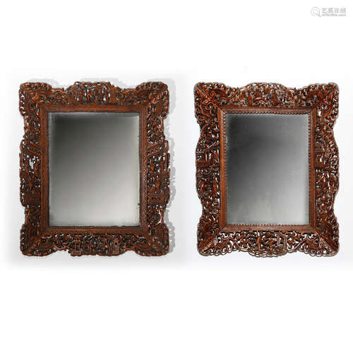 PAIR OF CHINESE CARVED BOXWOOD FRAMED MIRRORS