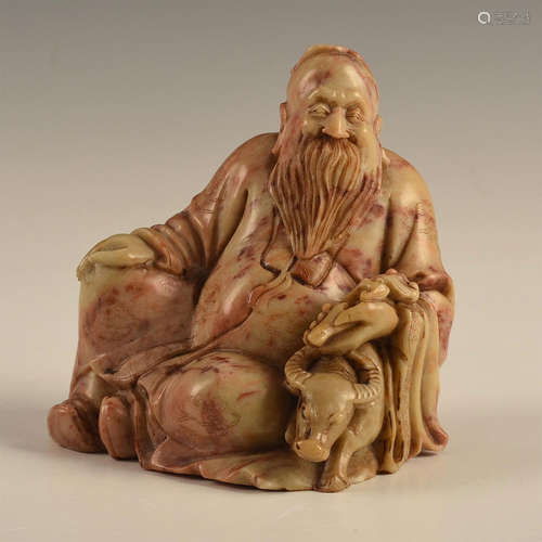 CHINESE CARVED SOAPSTONE FIGURAL SCHOLAR AND OX