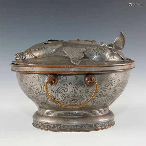 PEWTER FISH FORM LIDDED OVAL CHINESE WARMING DISH