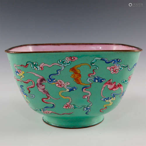 CHINESE FOUR SIDED DEEP COPPER BOWL WITH ENAMEL COVERING