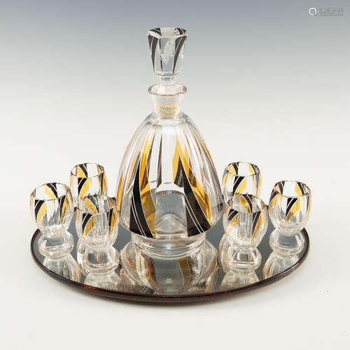 ART DECO FACETED COLORED CUT CRYSTAL DECANTER AND 6 CORDIAL SET WITH TRAY