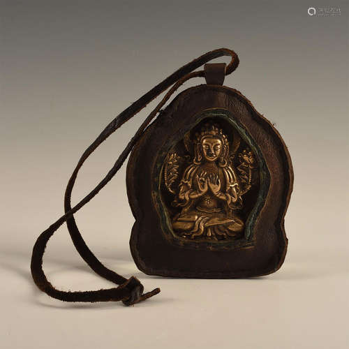 TIBETAN TRAVEL BRONZE BUDDHA DEITY ENCASED IN LEATHER WITH LANYARD