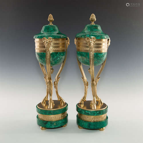 PAIR OF NEOCLASSICAL MALACHITE AND GILT METAL MOUNTS FAUX CENSERS