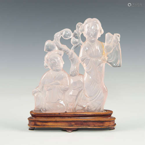 CHINESE CARVED ROSE QUARTZ FIGURAL, GUANYIN & FRIEND