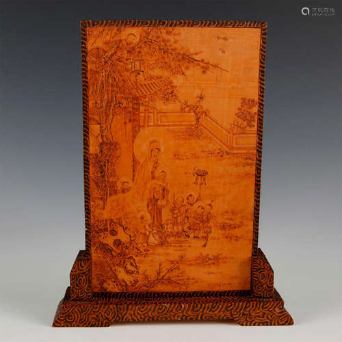 WOOD POKER WORK PLAQUE MOUNTED ON CUSTOM STAND GUANYIN W/ANGELS