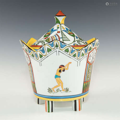 EGYPTIAN REVIVAL BRIGHTLY COLORED JAR WITH LID by HEUBACH