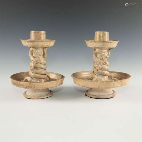 PAIR OF CHINESE HENAN KILN MONUMETAL CANDLE STICKS