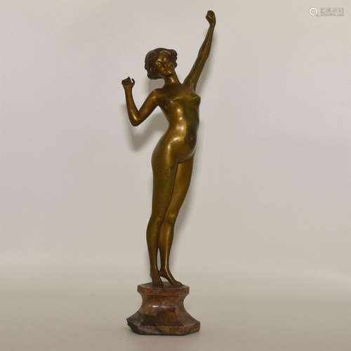 THE AWAKENING, ART DECO BRONZE FEMALE NUDE SCULPTURE ON MARBLE BASE, ARTIST SIGNED BY PAUL PHILIPPE