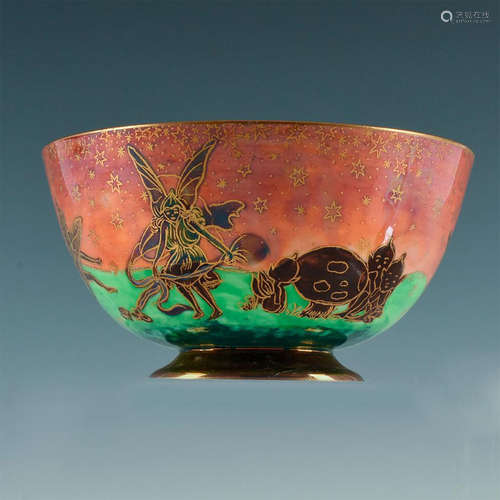 WEDGWOOD FAIRYLAND LUSTRE ORANGE AND GREEN FOOTED BOWL