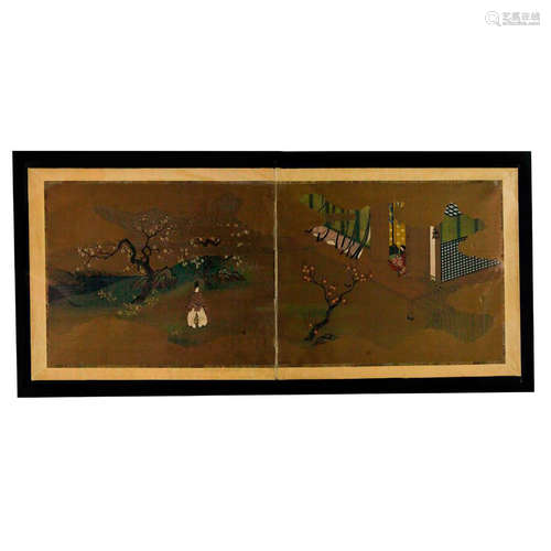 JAPANESE 2 PANEL PAINTING FRAMED UNDER GLASS